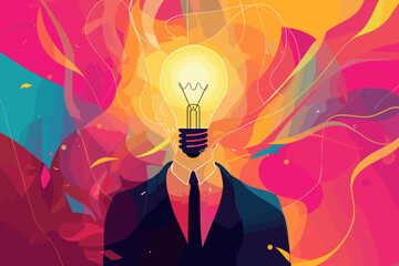Visionary businessman with a lightbulb for a head generates groundbreaking ideas, surrounded by vibrant, abstract shapes that represent the boundless potential of workplace innovation and creativity - obrazy, fototapety, plakaty