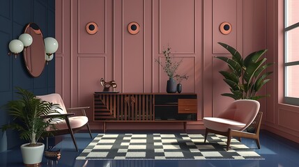 Mid-century modern elegance with iconic furniture pieces and a sophisticated navy pink wall backdrop / AI-generated 3D design attractive look