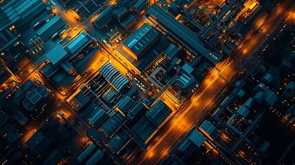 Utilize AI to produce an impressive nighttime aerial depiction of an online store goods warehouse....