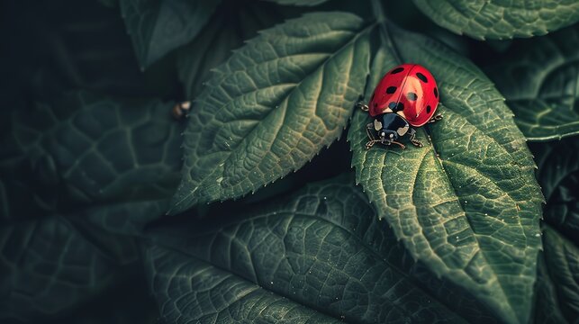 Macro photography, a vibrant red ladybug adorned with delicate black spots leisurely crawling on a lush green leaf, Plenty of copy space ai generated high quality images