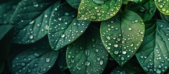 Close-up view of vibrant green leaves covered in glistening water droplets. - obrazy, fototapety, plakaty