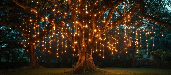 A large tree illuminated by hanging lights during dusk. The branches are adorned with glowing fairy...
