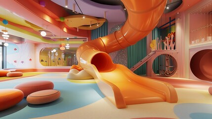 A colorful indoor playground with slides and seats, designed for children to play in the hotel's dining area