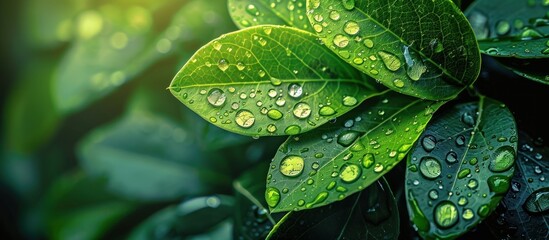 Close-up view of green leaves covered in water droplets after rainfall.