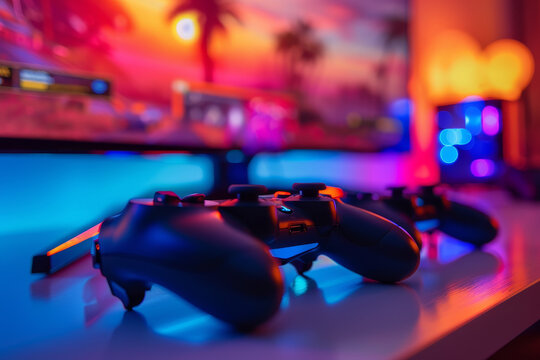 The controllers are glowing in the dark, creating a moody atmosphere