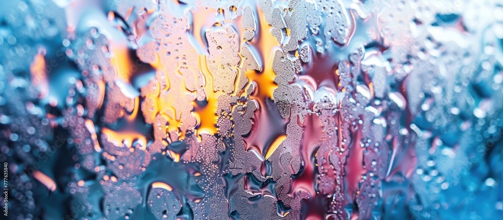 Poster detailed view of a window with raindrops covering the surface, creating a pattern of droplets.