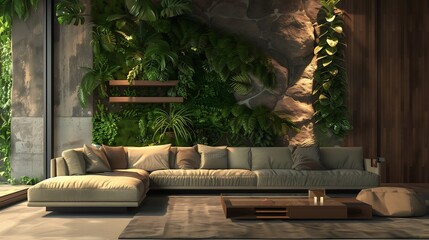 Nature-inspired modern living space featuring earthy tones and a simulated stone-textured green wall / AI-generated design attractive look