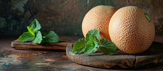 Two ripe organic cantaloupes sit on top of a wooden cutting board.