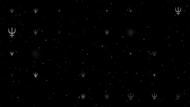 Template animation of evenly spaced astrological neptune symbols of different sizes and opacity. Animation of transparency and size. Seamless looped 4k animation on black background with stars