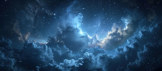 A night sky filled with twinkling stars and wispy clouds drifting across the dark expanse.
