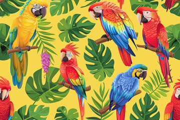 Bright background of birds, pattern of macaw parrots and monstera leaves on a yellow background