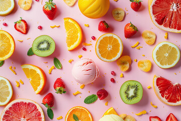 Pink background with fruits and ice cream, bright summer background with place for text