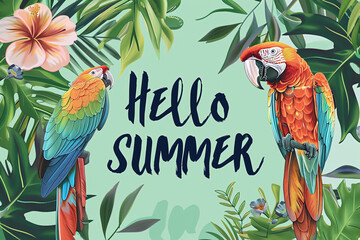 Green background with macaws and the inscription Hello Summer and place for text - obrazy, fototapety, plakaty