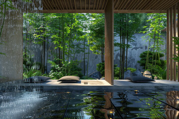 A serene and peaceful garden setting with a small waterfall and a pool