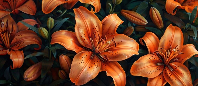 Close-up painting featuring vibrant orange lilies contrasted with fresh green leaves.