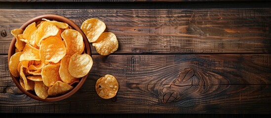 A bowl filled with crispy potato chips sits on a wooden table, ready to be enjoyed.