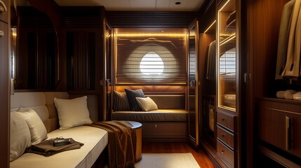 a sophisticated wardrobe interior featuring a combination of dark wood accents, soft lighting, and plush seating areas attractive look