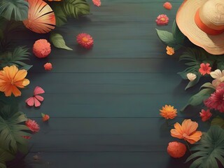 Summer background with tropical flowers and hat on blue wooden planks. - 777636265
