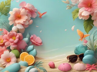 Summer background with seashells, sunglasses and pink flowers. - 777636278