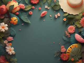 Summer background with tropical leaves and flowers. Top view with copy space - 777636288