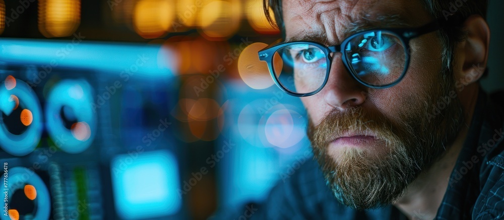 Poster a bearded man wearing glasses is attentively studying the content displayed on a computer screen.