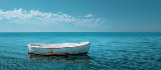 A small white boat peacefully floating on top of a body of water, reflecting the clear sky above.