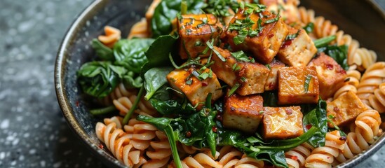 A bowl filled with vegan fusilli pasta, tofu cubes, and fresh spinach leaves. The dish is a...