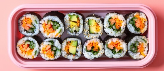 A pink container overflowing with a variety of sushi rolls and vibrant vegetables.