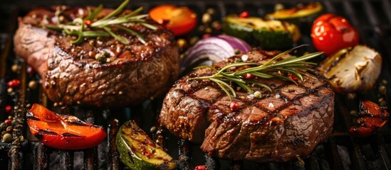 Beef steaks and assorted vegetables sizzle and cook on a hot grill, releasing mouthwatering aromas and creating tempting grill marks.