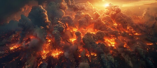 Aerial view of a massive amount of smoke and fire filling the sky, indicating a raging wildfire. - obrazy, fototapety, plakaty
