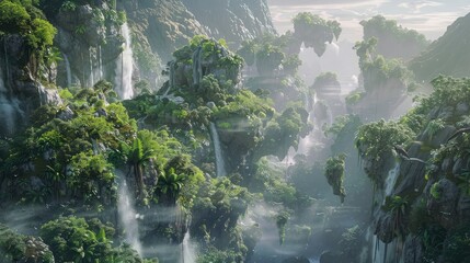 A fantastical realm of floating islands and mystical creatures, with cascading waterfalls and lush vegetation adorning the landscape, - obrazy, fototapety, plakaty