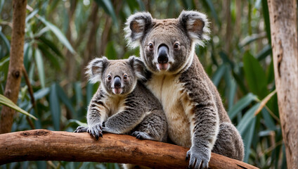 A koala and its joey are sitting on the ground in a eucalyptus forest.

 - obrazy, fototapety, plakaty