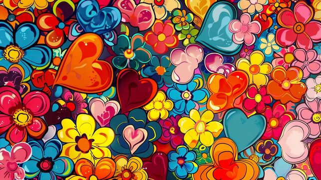 60s retro style, bubbly cartoonish hearts, flowers, colors are vibrant illustration background