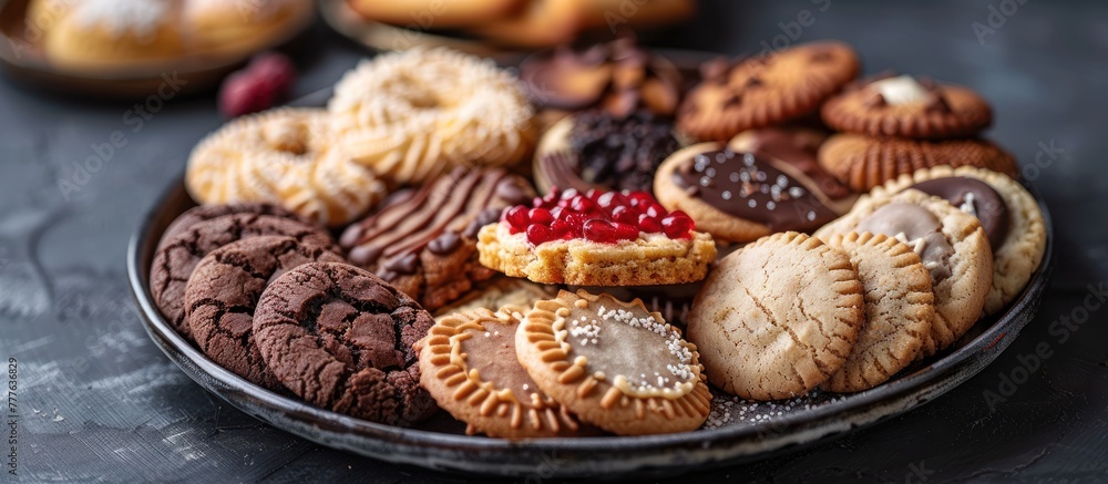 Poster close-up view of a plate filled with an assortment of cookies, surrounded by more cookies neatly pla
