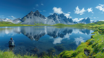 Fototapeta na wymiar Stokksashrenir mountain range with reflecting lake and wildflowers in Iceland. Created with Ai