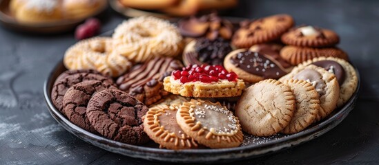 Close-up view of a plate filled with an assortment of cookies, surrounded by more cookies neatly placed on a table.