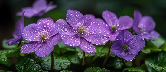 A cluster of purple flowers glisten with water droplets after a rain shower, highlighting their vibrant colors and delicate petals.