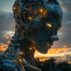 Android, composed of intricate circuitry, showing no emotions as it monitors public interactions, photography, silhouette lighting, golden hour, HDR - obrazy, fototapety, plakaty