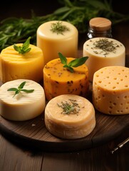 Variety of cheese with herbs on a board