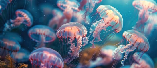 Various jellyfish, including pink ones, can be seen floating gracefully in the ocean. - obrazy, fototapety, plakaty