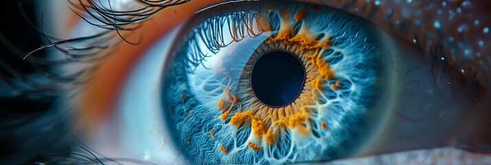 A captivating macro close-up of a blue iris, showcasing the intricate beauty of human vision. - obrazy, fototapety, plakaty
