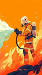 Portray a firefighter bravely extinguishing a fire, with a team working together in the background,