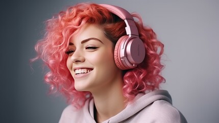 portrait of a teenage music lover girl with peach-pink hair wearing headphones on a pink background