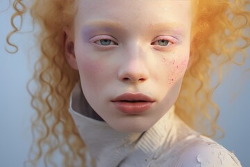 fashion portrait of a young albino female model with delicate modern makeup,