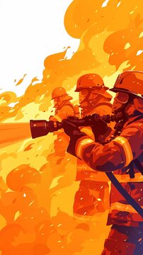 Portray a firefighter bravely extinguishing a fire, with a team working together in the background,
