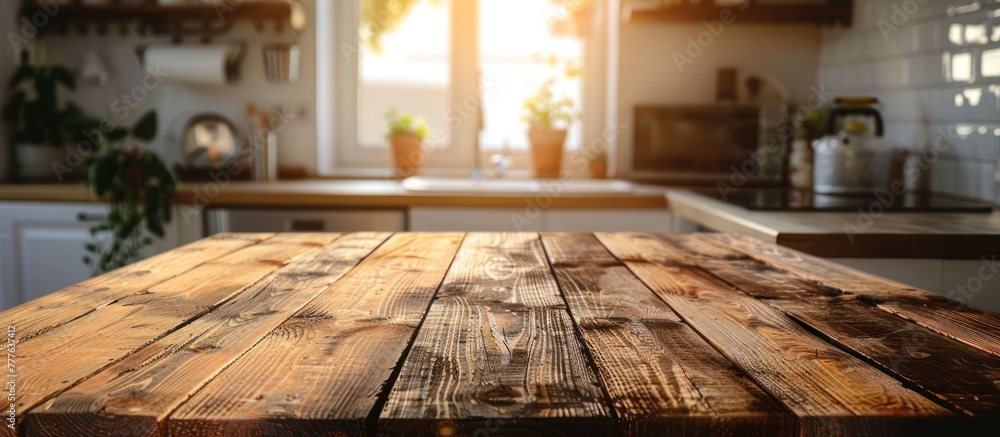 Poster a wooden table sits in a kitchen, positioned next to a window. sunlight streams through the window, 