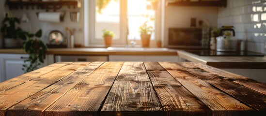 A wooden table sits in a kitchen, positioned next to a window. Sunlight streams through the window, casting a warm glow on the tables surface.