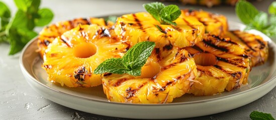 A plate displaying perfectly grilled pineapple slices topped with fresh mint leaves. - obrazy, fototapety, plakaty