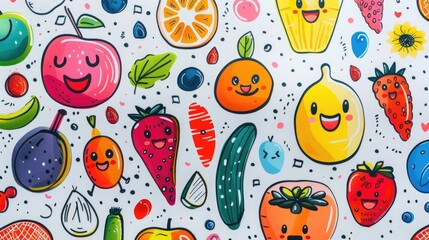 A whimsical, hand-drawn nutrition diary with food doodles and mood icons, marked by colorful bookmarks symbolizing emotions