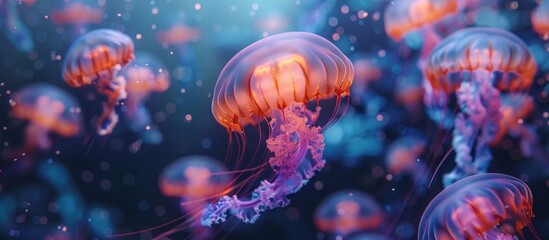 A group of jellyfish gracefully floating in the ocean. Their translucent bodies create a mesmerizing sight as they move together through the water.
